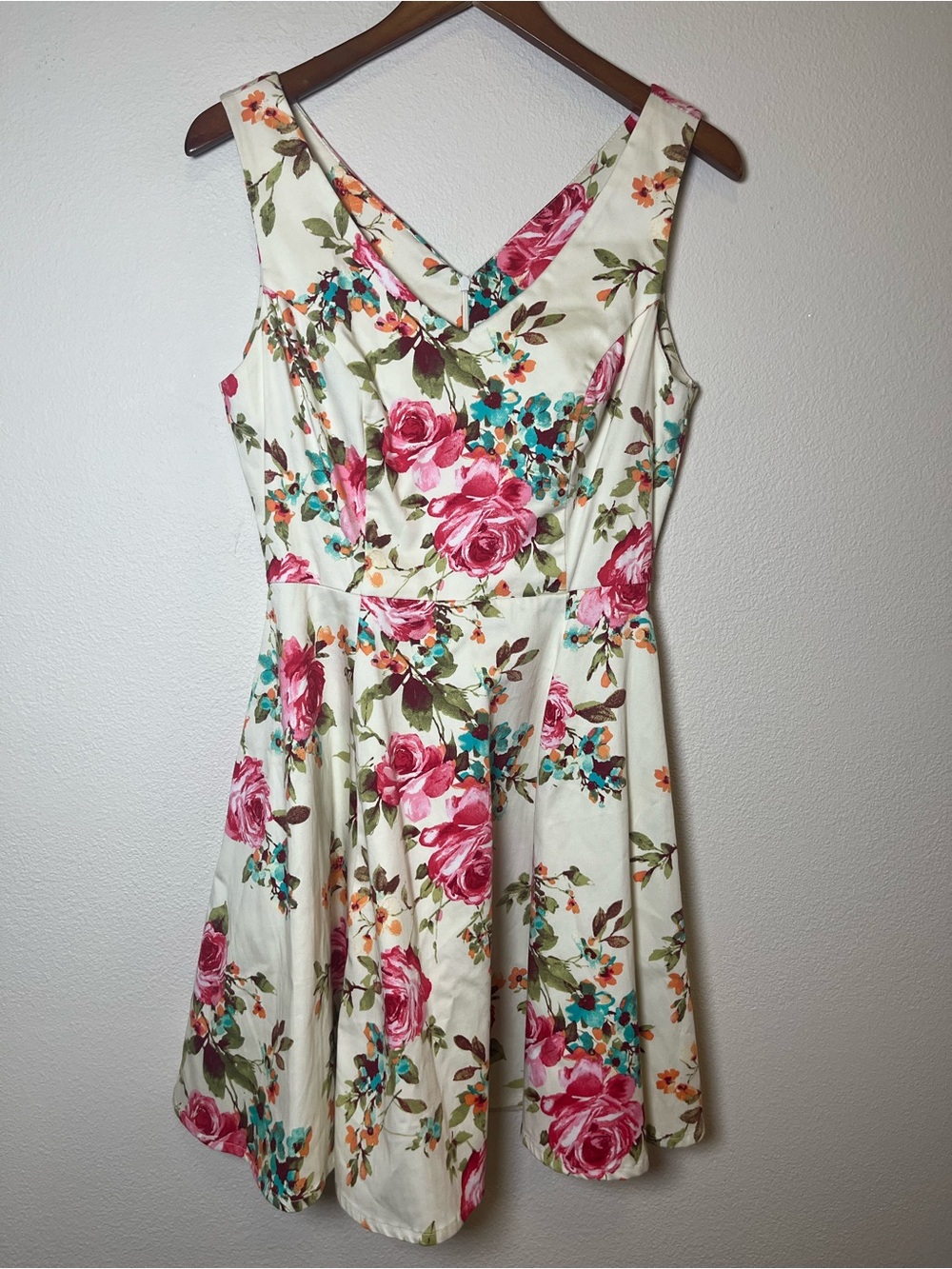 Vintage Floral V-Neck Fit-and-Flare Dress in Ivory and Pink Made in the USA